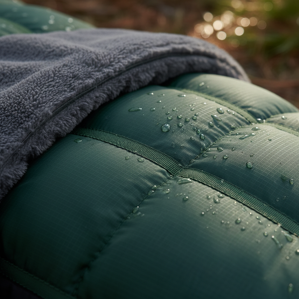 고급 다운 충전재가 들어간 캠핑 침낭의 질감을 클로즈업한 사진으로 세밀한 스티치와 발수 나일론 원단 사이로 보이는 부드러운 안감을 강조한 이미지
