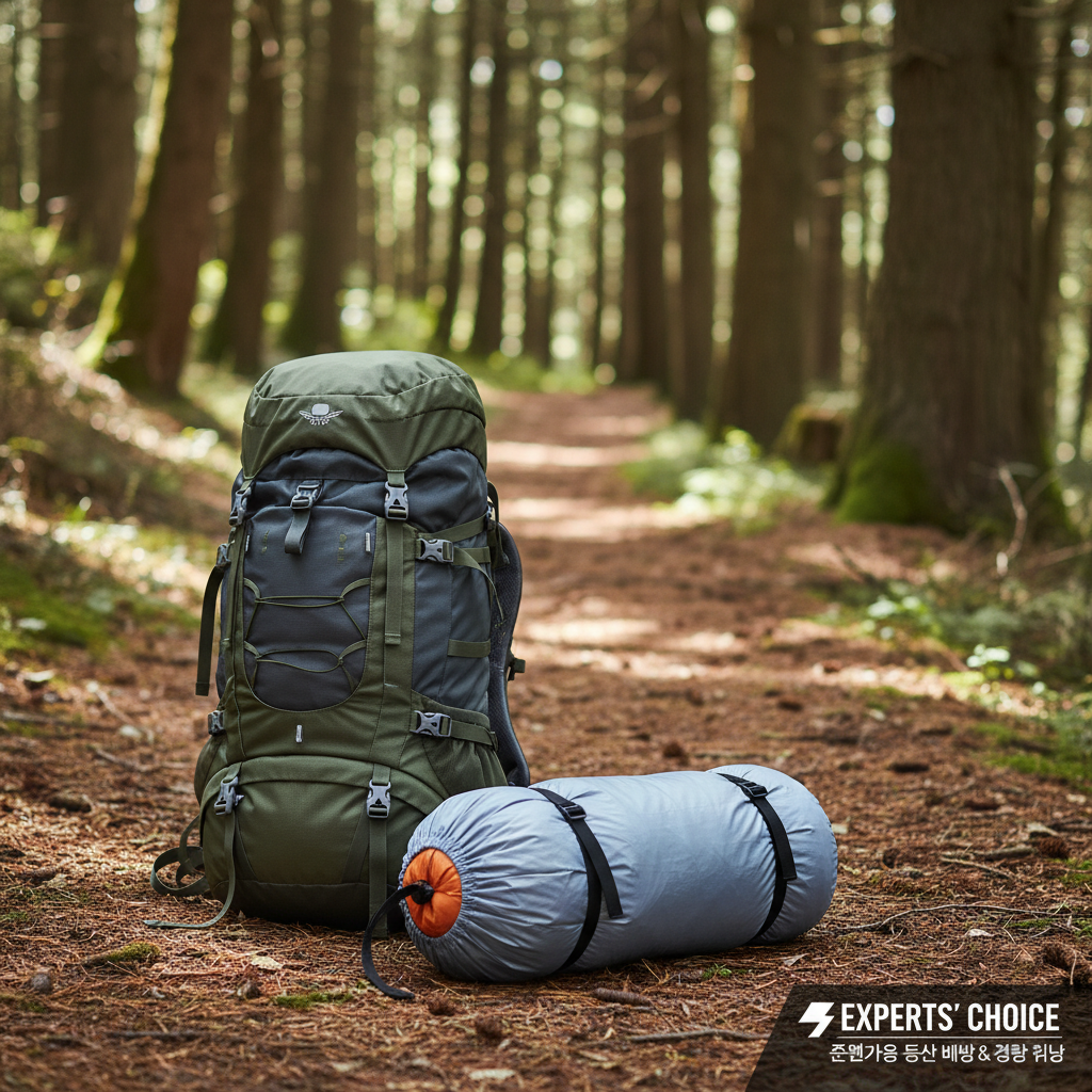 전문가용 등산 배낭 옆에 압축 백으로 작게 보관된 경량 침낭이 숲속 오솔길 위에 놓여 휴대성을 강조한 고해상도 사진