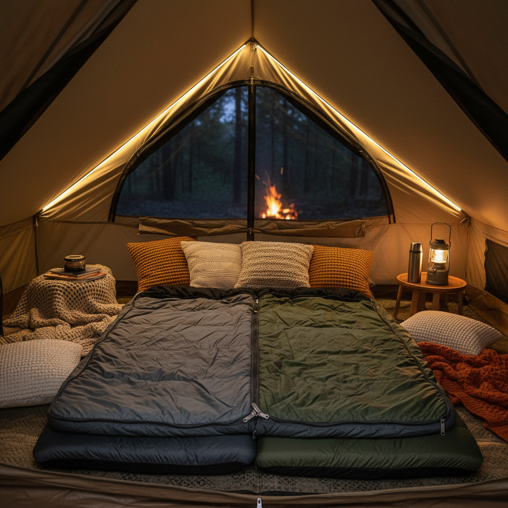가족용 대형 텐트 안에서 두 개의 사각형 침낭을 지퍼로 연결해 더블 침대처럼 만든 모습과 그 주변에 놓인 푹신한 캠핑용 베개와 담요