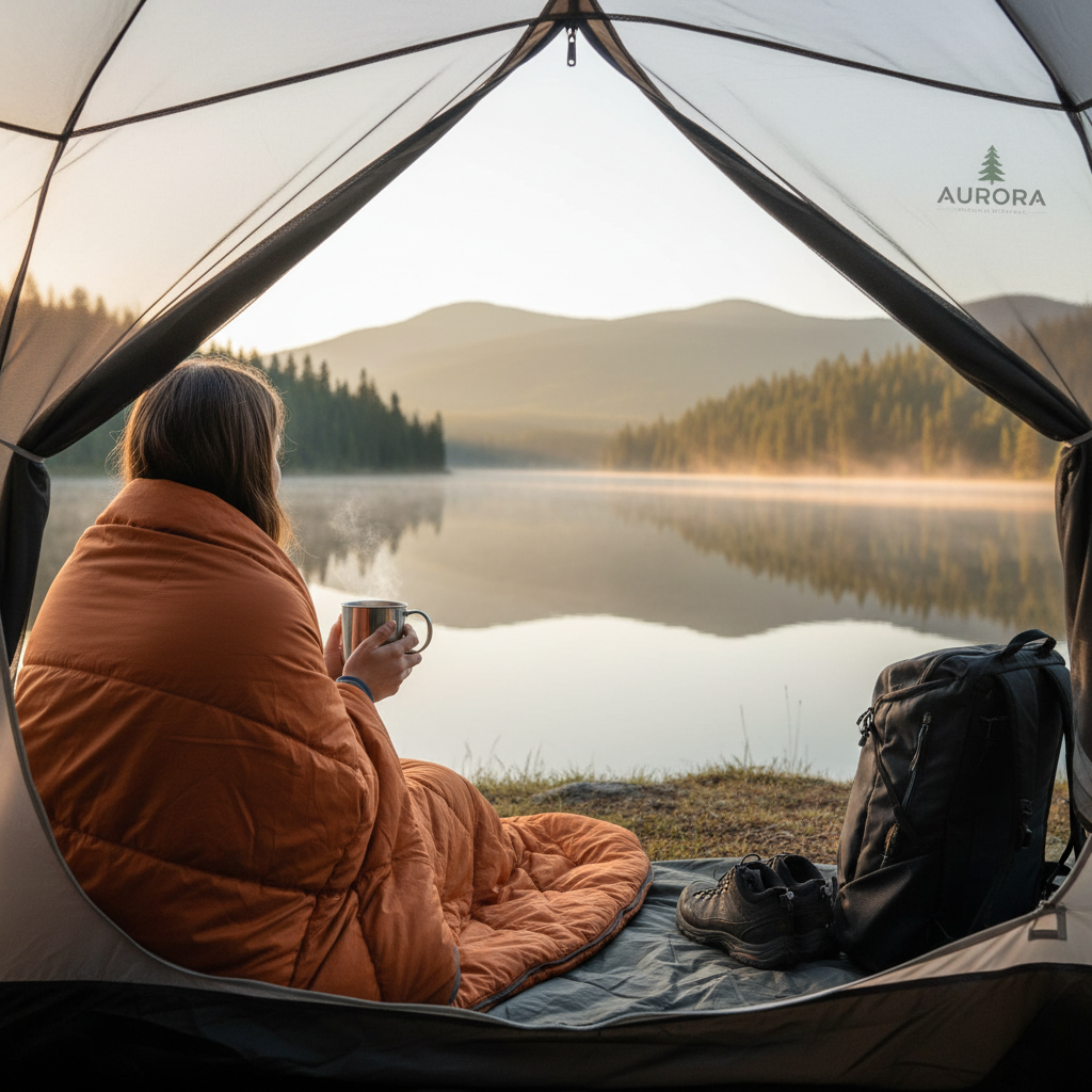 텐트 입구에 앉아 오렌지색 침낭을 몸에 두른 채 김이 모락모락 나는 커피 잔을 들고 고요한 호수 풍경을 감상하는 사람의 뒷모습