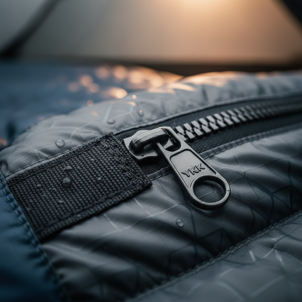 세련된 디자인의 침낭에 부착된 견고한 YKK 지퍼와 씹힘 방지 웨빙 기술을 매크로 렌즈로 촬영하여 제품의 완성도를 보여주는 상세 이미지