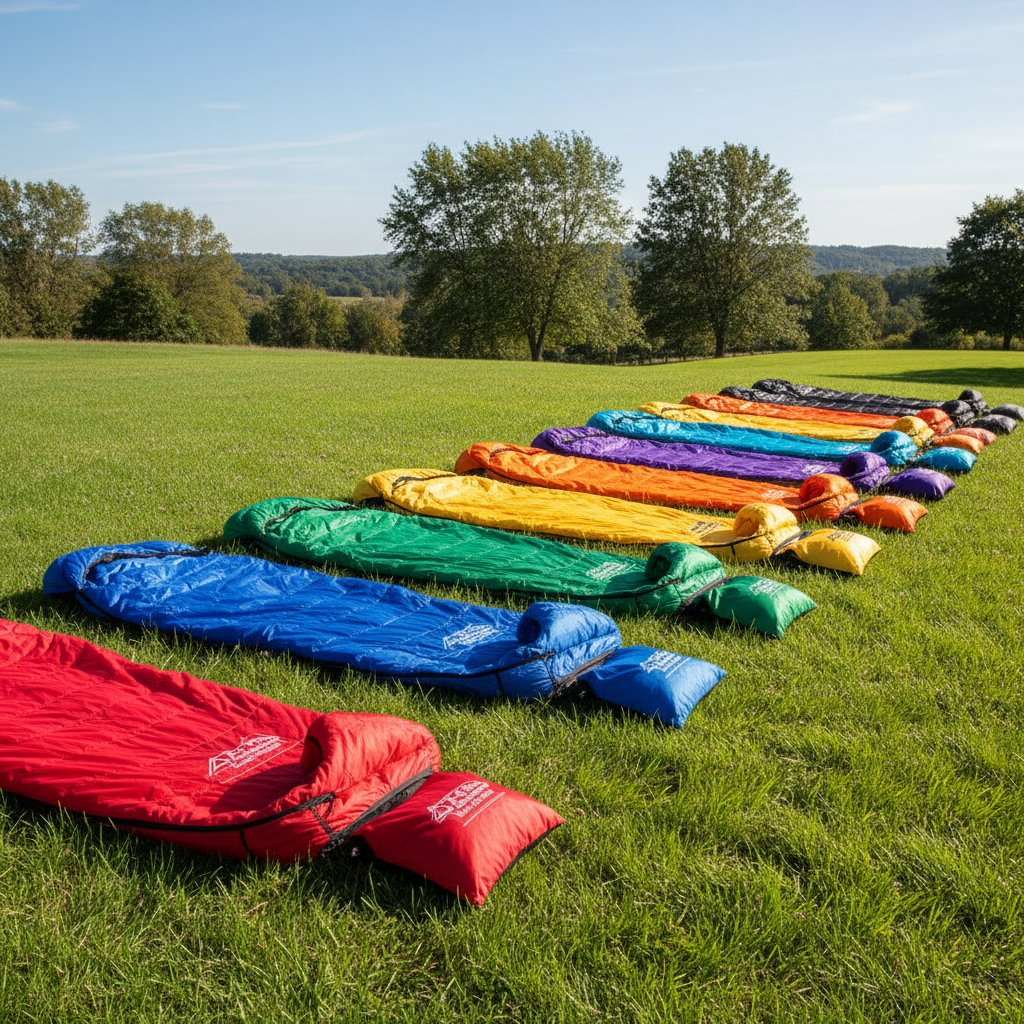 푸른 잔디밭 위에 빨강, 파랑, 초록 등 다양한 색상의 침낭들이 나란히 펼쳐져 있어 야외 활동의 역동성과 제품 라인업을 보여주는 밝은 분위기의 사진